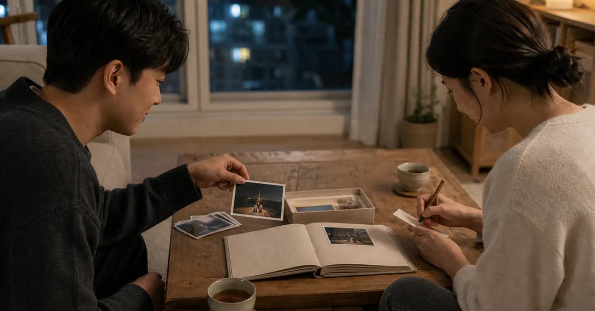 거실 테이블에서 한 사람은 데이트 사진을 고르고 다른 사람은 작은 카드에 한 줄을 적는 커플