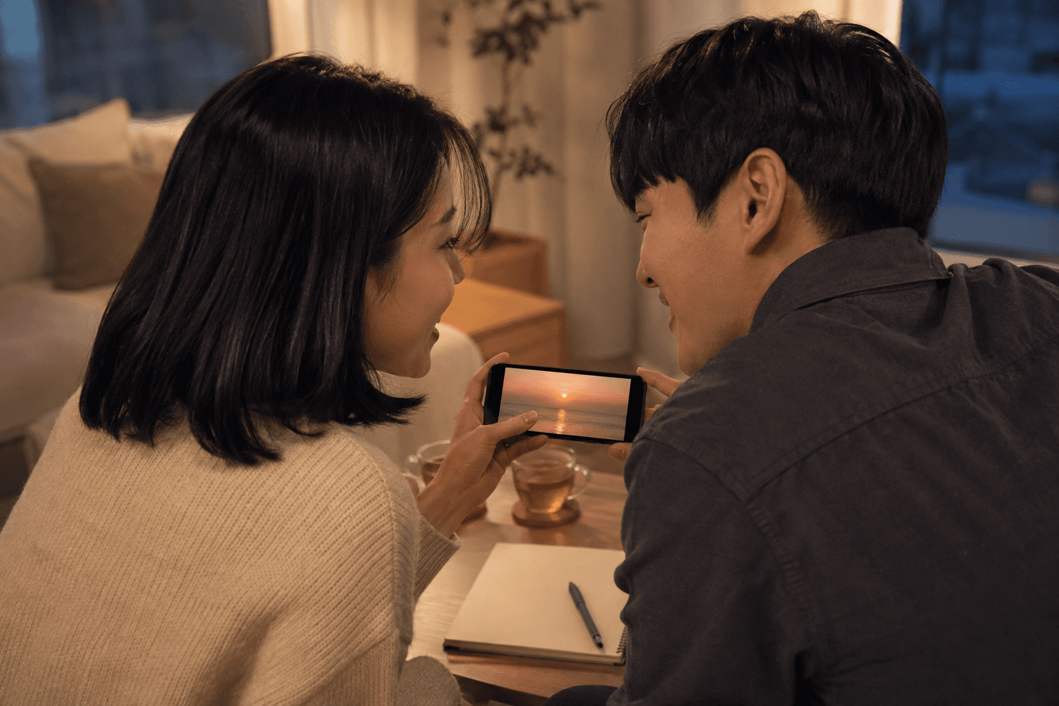 집에서 함께 사진을 보며 그날의 이야기를 나누는 두 사람